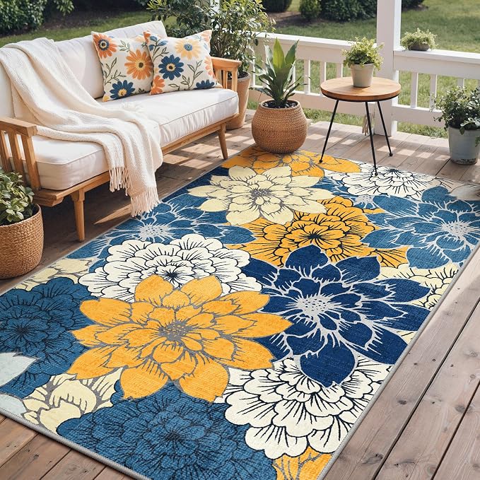 GENIMO 8x10 Outdoor Rug, Washable for Patio and Deck, Blue | Floral design for backyard; fade resistant chenille with quick-dry non-slip backing for indoor living rooms