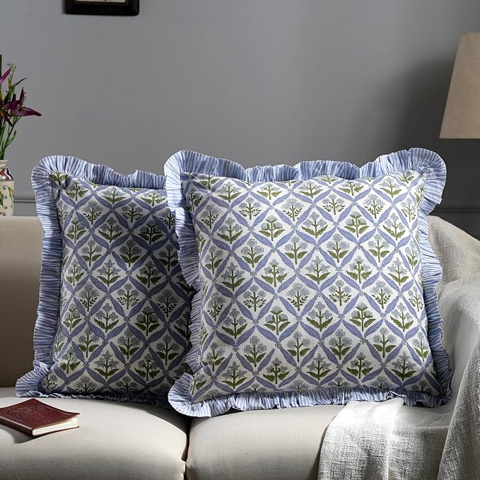 Ridhi Block Print Light Steel Blue Throw Pillow Cover 24" x 24" (Pack of 2) Decorative Cushion Covers with Ruffle for Couch, Sofa, Bed, Living Room, Home Decor Gift for Spring, Easter, Valentine