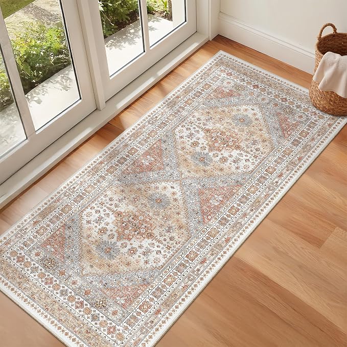 zesthome 2x4 Washable Rug Runner for Bathroom, Soft Entryway Rug for Laundry Room, Kitchen, Vintage Abstract Hallway Runner for Bedroom, Anti-Slip Door Mat Indoor Entrance(Orange,2'x4')