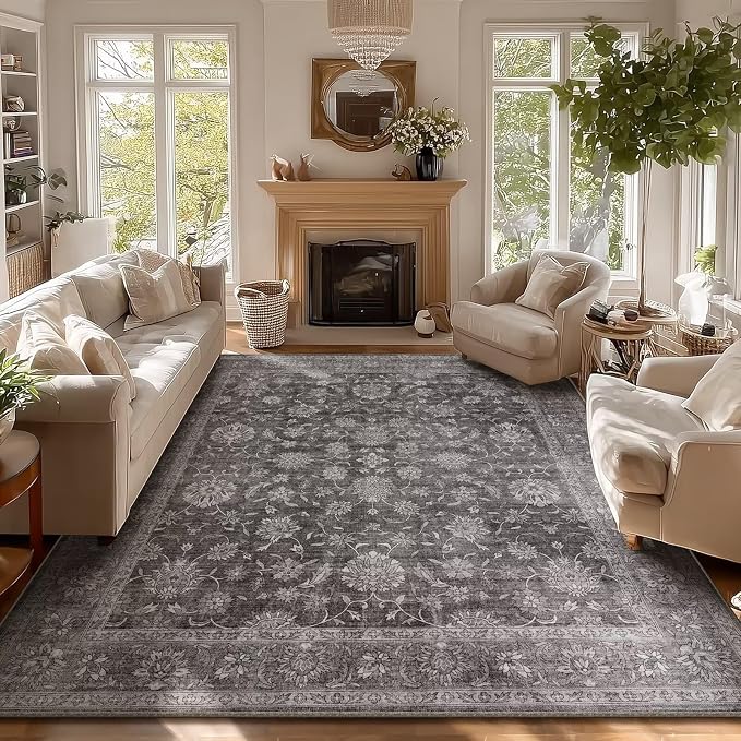 Boho Washable 8x10 Area Rugs for Living Room, Cushioned, Dark Grey | Vintage Non-slip Neutral Oriental Rugs for Bedroom Dining Room Nursery Office High Traffic Area