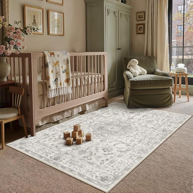 PureCozy 4x6 Washable Small Area Rug Gray Vintage Oriental Retro | Non Slip, Soft Low Pile, Indoor Carpet for Entryway, Kitchen, Apartment Living Room, Bedroom