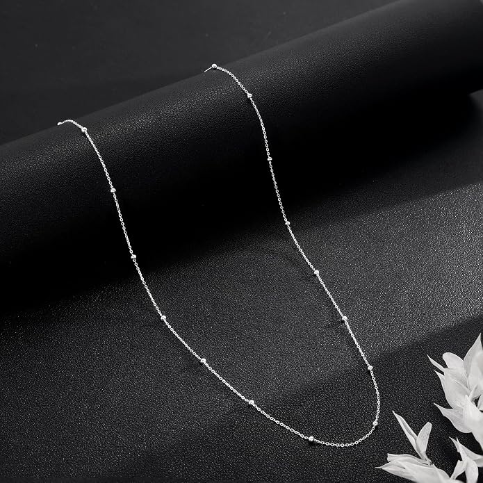 Carffordo 925 Sterling Silver Chain Necklace 16K Gold Plated Beaded Chain Necklace for Women Simple Dainty Choker Necklace Satellite Waterproof Link Necklace Trendy Jewelry Gifts