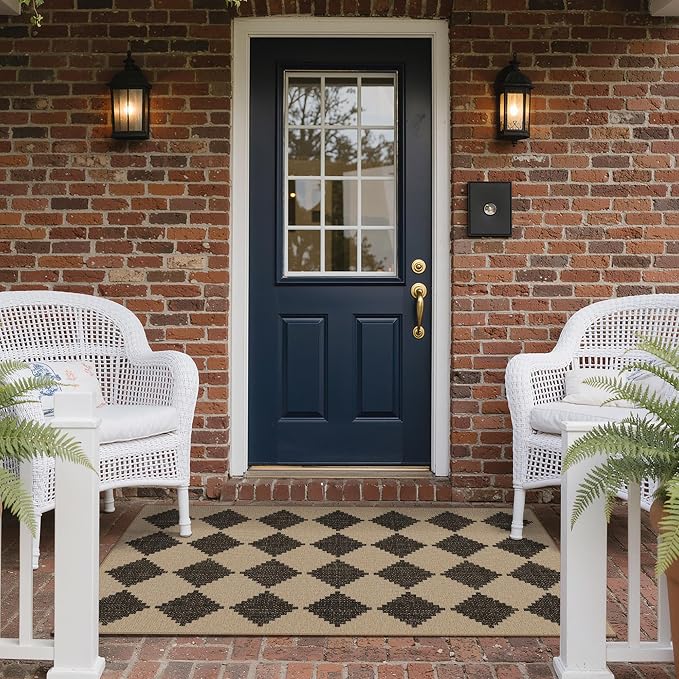 GENIMO Indoor Outdoor Area Rug 3'x5', Checkered Easy Jute Rug Machine Washable, Easy-Cleaning, Non Slip Geometric Outdoor Carpet for Patio, Living Room, Entryway, Backyard, Porch, Deck, Balcony