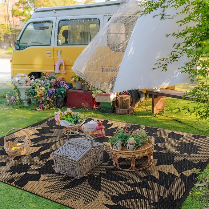 GENIMO Outdoor Rug, Waterproof Plastic Rugs for Patio, 6'x9' Raven Brown | Outside Larger Leaf Carpet Mat for Porch Decor, Deck, Balcony, Camping, RV, Backyard, Picnic, Beach, Reversible, Foldable