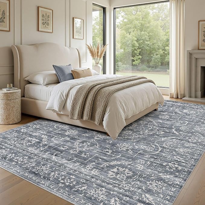 Nakagishi 5x7 Area Rugs Living Room: Washable Large Vintage Rug Neutral Non-Slip Soft Stain Resistant Indoor Carpet for Bedroom Nursery Dining Room Office Playroom - Retro Blue