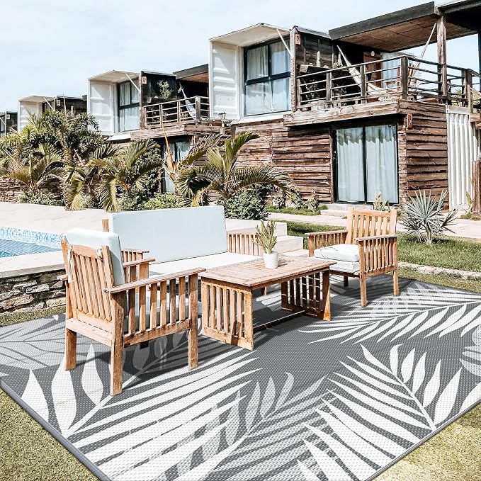 GENIMO Outdoor Rug, Waterproof Plastic Rugs for Patio, 10'x10' Grey White | Outside Larger Leaf Carpet Mat for Porch Decor, Deck, Camping, RV, Backyard, Balcony, Picnic, Beach, Reversible, Foldable