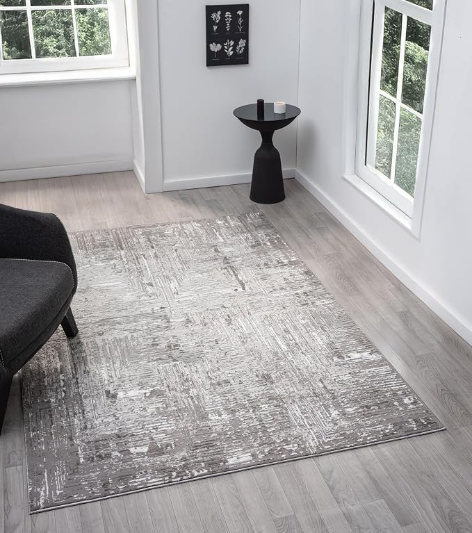 Amy Modern Abstract Area Rug for Living Room, 6x9 Contemporary Textured Geometric Gray Rug, High-Low Pile Stain Resistant Carpet for Bedroom, Dining Room or Kitchen (6' x 9', Gray)