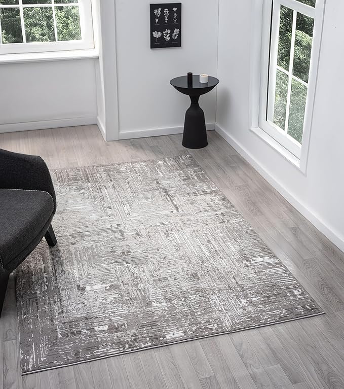 Amy Modern Abstract Area Rug for Living Room, 8x10 Contemporary Textured Geometric Large Gray Rug, High-Low Pile Stain Resistant Carpet for Bedroom, Dining Room or Kitchen (8' x 10', Gray)