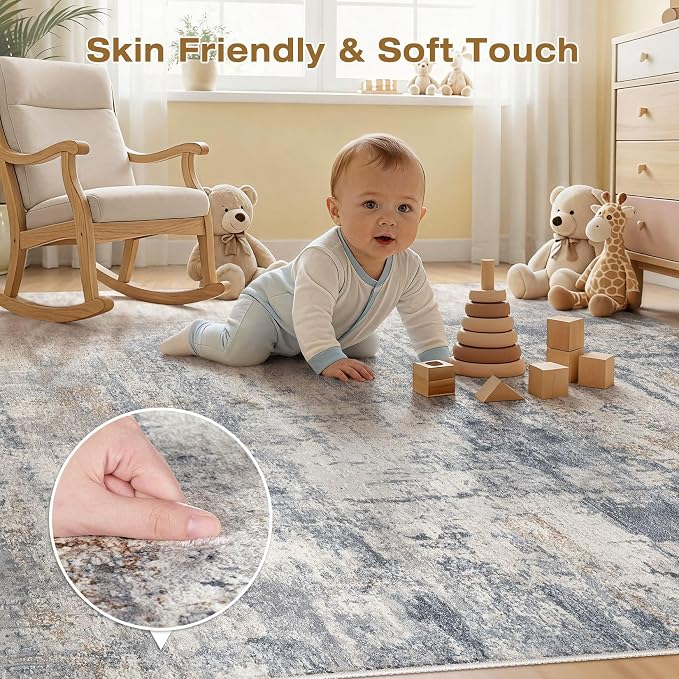 cotiled 8x10 Area Rugs Abstract Soft Non Slip Washable Living Room Rug | Stain Resistant, Robot Vacuum & Pet Friendly, Low-pile, For Living Room, Bedroom, Dining Table, Nursery Blue/Brown