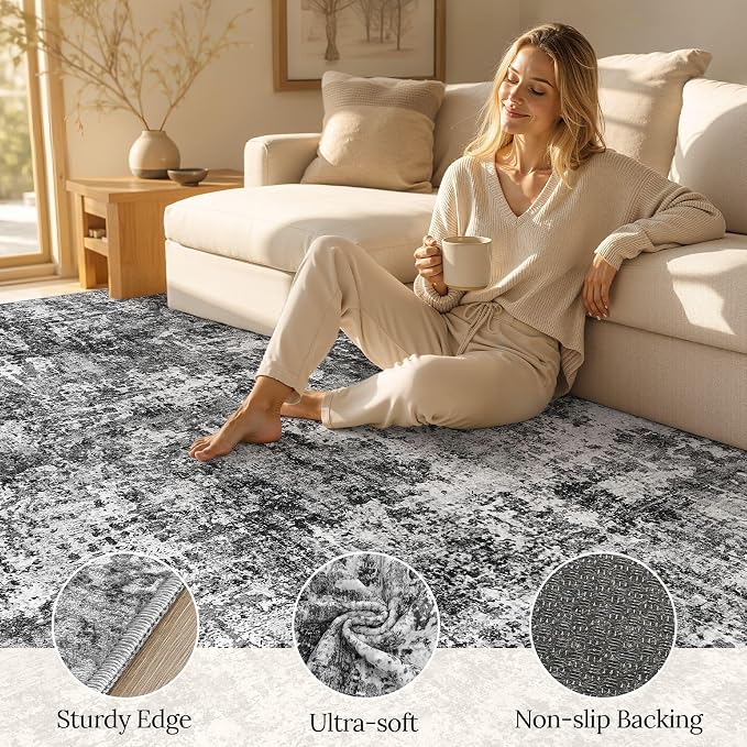 cotiled Washable Area Rug 6x9, Non-Slip Soft Neutral Rug for Living Room | Modern Abstract Carpet, Stain Resistant and Kid & Pet Friendly, Ideal For Bedroom, Dining Room, Nursery, Office - Blue/Gery