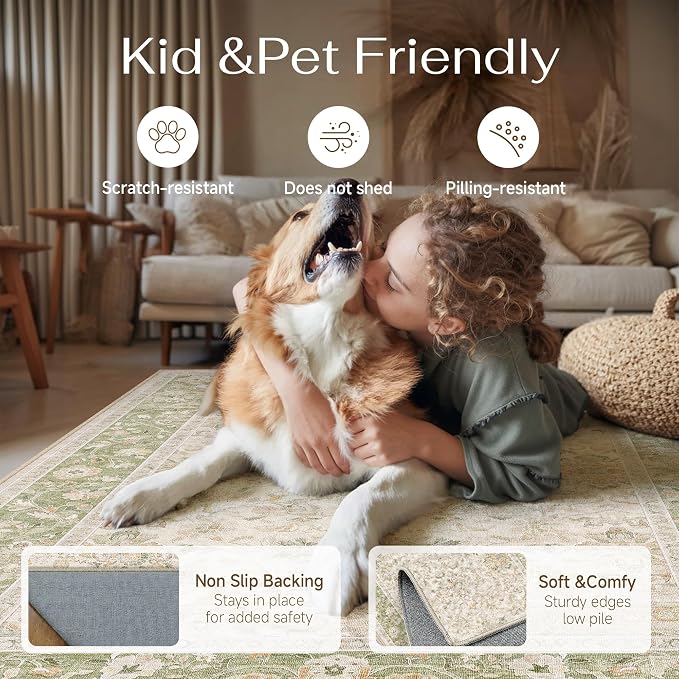6x9 Sage Green Washable Area Rug Non Slip Vintage Carpet | Soft Low Pile, Lightweight Foldable, Pet Friendly, Living Room, Bedroom, Dining Room, Classroom, Playroom