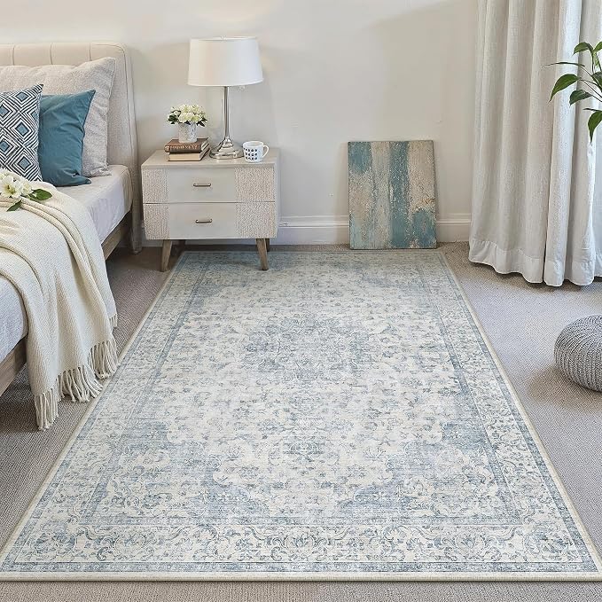 PureCozy 4x6 Washable Small Area Rug Neutral Blue Vintage Floral | Non Slip, Soft Low Pile, Indoor Carpet for Entryway, Kitchen, Apartment Living Room, Bedroom, Coastal Decor