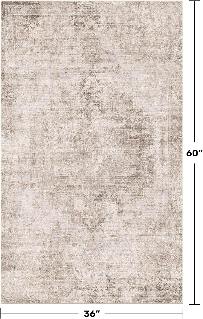 Washable Beige Brown Rugs for Entryway Indoor - 3x5 Throw Rug for Large Kitchen, Bedroom Bedside, Bathroom, Mudroom, Mordern Abstract Medallion Light Brown Décor, Non Slip Low Pile Fade Resistant