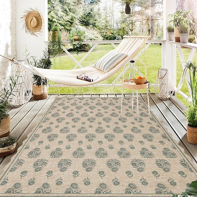 ORTIGIA Scalloped Easy Jute 3x5 Area Rug Vintage Green Floral Accent Farmhouse Washable Rug Non-Slip Indoor Outdoor Carpet for Living Room Bedroom Kitchen Patio Entryway