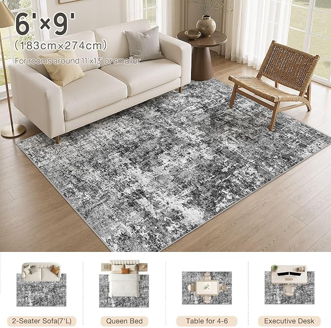 cotiled Washable Area Rug 6x9, Non-Slip Soft Neutral Rug for Living Room | Modern Abstract Carpet, Stain Resistant and Kid & Pet Friendly, Ideal For Bedroom, Dining Room, Nursery, Office - Blue/Gery