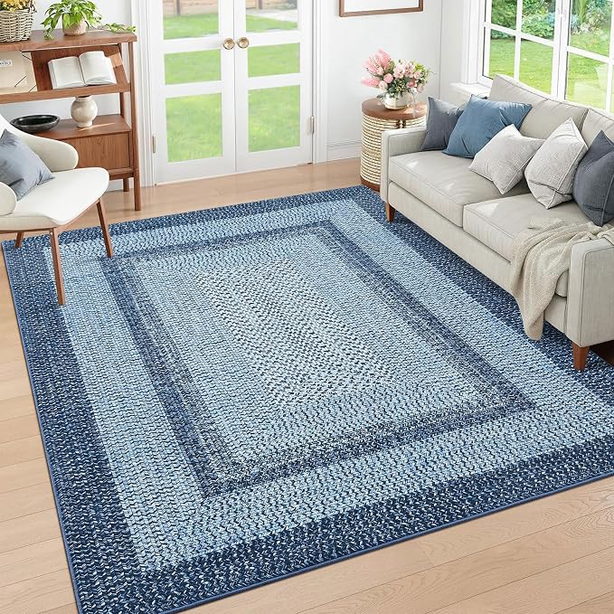 RUGSREAL Boho Rug 4x6 Bedroom Machine Washable Rug Braided Print Floor Cover Indoor Non Slip Dining Room Throw Carpet Farmhouse Rustic Accent Rug for Living Room Home Decor, Blue