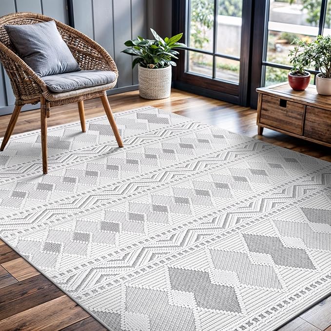 CAMILSON Micro Loop Rug 5x7 Modern Luxury Geometric Boho Diamond Area Rugs Soft High and Low Pile Stain Resistant Easy-Cleaning Non-Shedding for Living Room Office Indoor Carpet (5 x 7 / White - Gray)