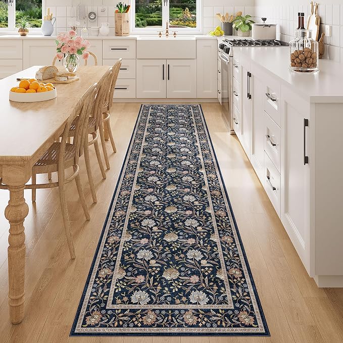DUKINO 2.6x8 Runner Rug, Washable Vintage Floral Kitchen Runners, Navy Blue | Non Slip, Low Pile, Non-Shedding Soft Carpet for Hallway Bathroom Laundry Entryway Bedroom Farmhouse, Kids and Pets Friendly
