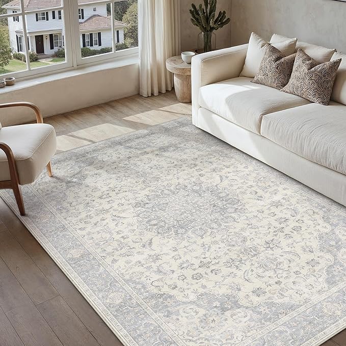 PureCozy 3x5 Washable Small Area Rug Neutral Gray Vintage Floral | Non Slip, Soft Low Pile, Indoor Carpet for Entryway, Kitchen, Bathroom, Farmhouse Decor