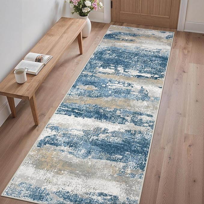 GENIMO Runner Rug Non Slip 2'6"x8', Washable Rug Runner for Hallways Kitchen, Abstract Modern Kitchen Rugs, Low Pile Lightweight Carpet Runners for Entryway, Bedroom, Laundry, Sky Blue