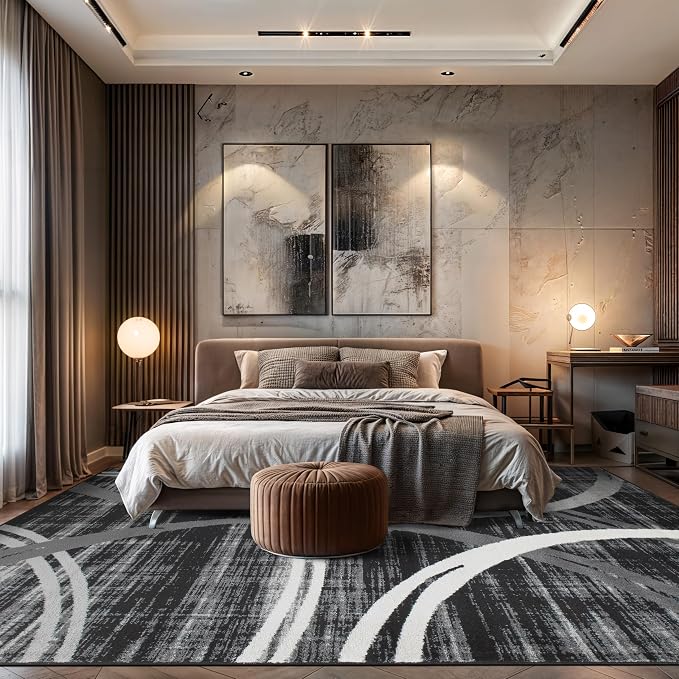 Rugshop Wavy Circles Modern Non-Shedding Area Rug Black 10' x 14'