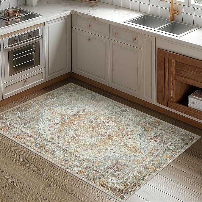 Bavni 2x3 Rug Washable Throw Rugs Doormat Vintage Floral Entryway Rug, Low Pile Lightweight Carpet, Grey/Heavy Brown