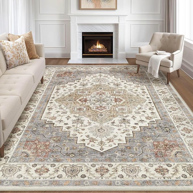 7x10 Area Rug Living Room: Washable Boho Large Neutral Vintage Soft Rugs Stain Resistant Farmhouse Non-Slip Indoor Floor Carpet for Bedroom Nursery Kids Playroom Office Dining Room- Orange Beige