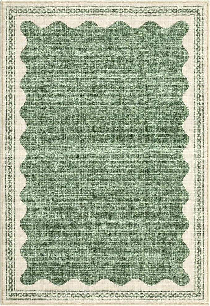GarveeHome Scalloped Door Mat Indoor Rugs for Entryway Small Rug 2x3 Washable Non-Slip Solid Sage Green Modern Soft Low-Pile Throw Carpet for Bedroom Kitchen Bathroom Entrance
