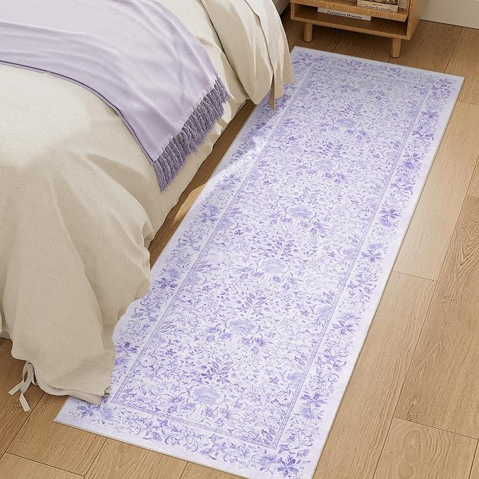 DUKINO 2x6 Runner Rug, Washable Vintage Floral Kitchen Rug, Purple | Non Slip, Low Pile, Stain Resistant Boho Soft Throw Carpet Runner for Hallway Bathroom Laundry Bedroom Entryway, Non-Shedding