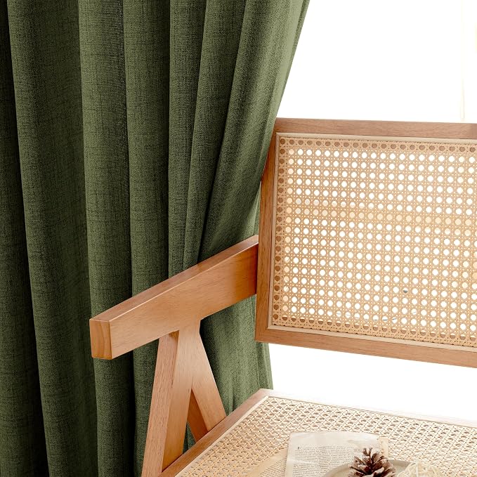 YoungsTex Olive Linen Curtains 90 Inch Length 2 Panels for Living Room, Dark Green Semi Sheer Drapes with Bronze Grommet Extre Long Window Treatments for Bedroom Dining, 52 X 90 Inch