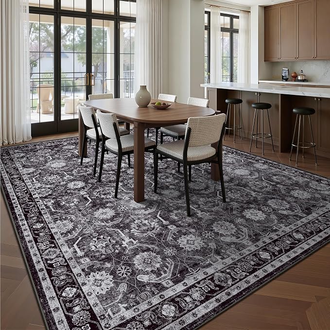 8x10 Area Rugs, Soft Non Slip Low Pile Washable Rug, Boho Modern Rug for Living Room, Bedroom, Dining Room, Black