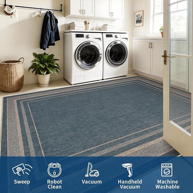 GarveeHome Neutral Easy Jute Rug 3x5 Modern Solid Washable Bedroom Rug | Indoor Small Non Slip Dining Room Throw Carpet Entryway Easy Jute Rugs for Nursery Kitchen Living Room Backyard, Blue