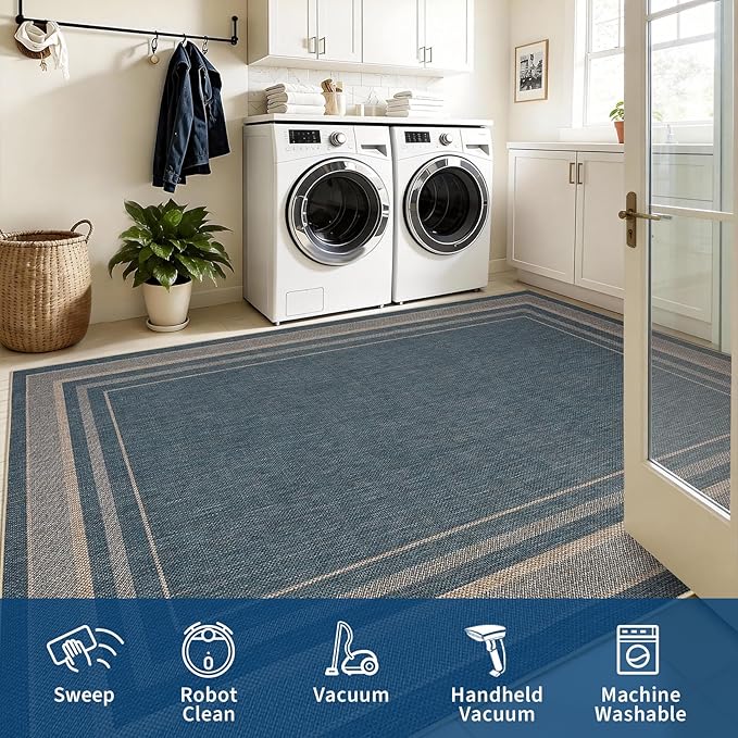 GarveeHome Washable Bedroom 4x6 Area Rug Modern Easy Jute Indoor Area Rugs | Non Slip Stain Resistant Living Room Throw Carpet Low Pile Easy Jute Rugs for Kitchen Nursery Entryway Dorm Kids Room, Blue