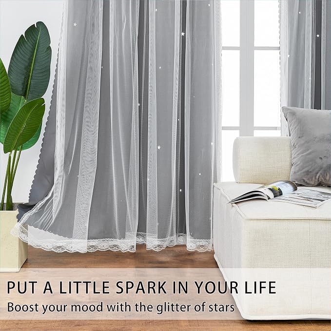 XiDi Grey Curtains for Bedroom 63 Inches Long 2 Panels Hollow Star Curtains Thermal Insulated Modern Luxury Unicorn Decor for Little Girl Kids Room Living Room Gray Blackout Curtains 34W x 63L