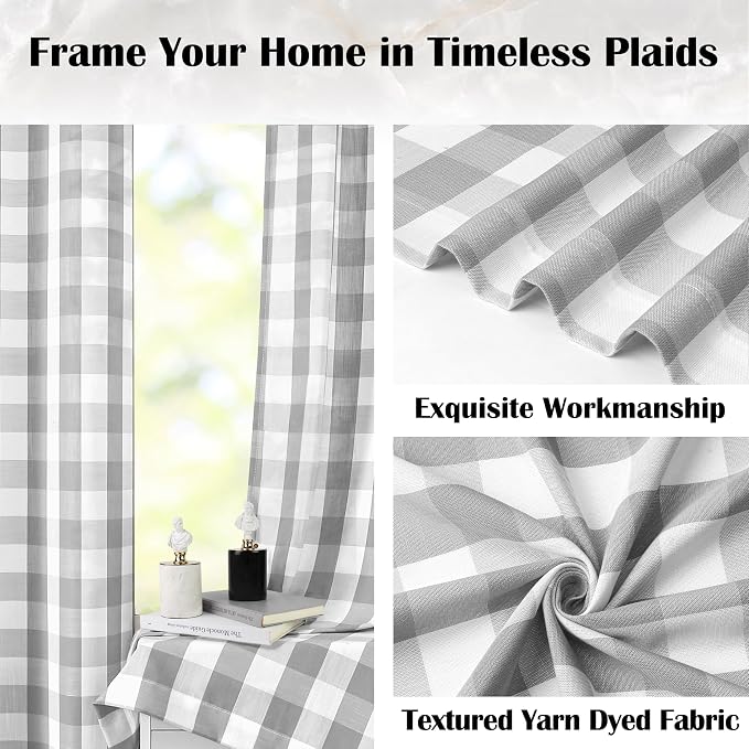 Gray and White Buffalo Plaid Window Curtain 54 Inch Long | Buffalo Check Gingham Curtain Drapes,Farmhouse Rod Pocket Window Treatment for Bedroom Living Room(2 Panels,40"x54",Grey)