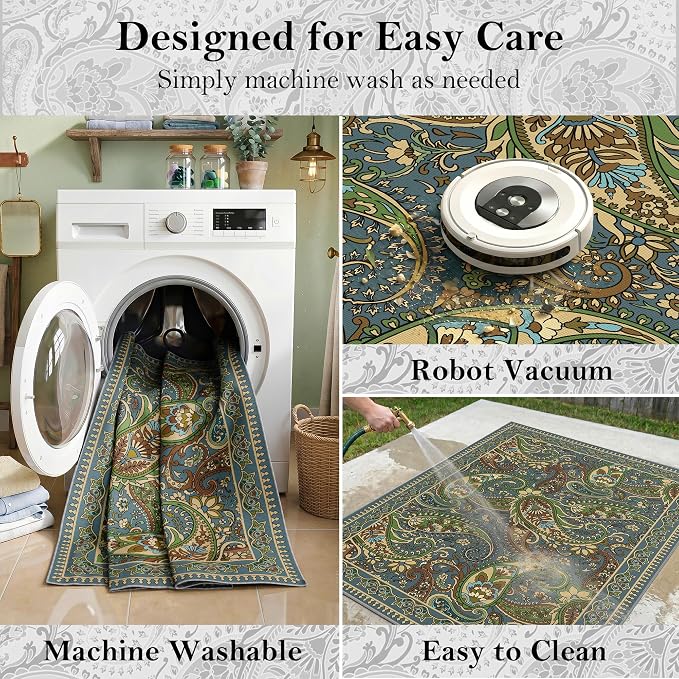 Arenarug Paisley Outdoor Rug Waterproof 8x10, UV Resistant Non Slip Patio Rug, Indoor Outdoor Boho Camping Rug Linen-Look RV Carpet for Deck Balcony Backyard, Sage&Blue