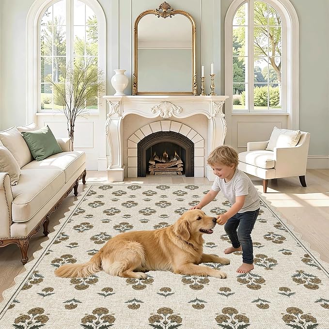 ORTIGIA Scalloped Easy Jute 5x7 Area Rug Vintage Yellow Block Floral Farmhouse Washable Rug Non-Slip Indoor Outdoor Carpet for Living Room Bedroom Patio Entryway