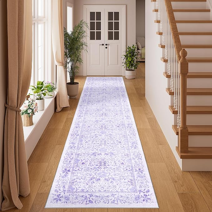 DUKINO 2x8 Runner Rug, Washable Vintage Floral Kitchen Rug, Purple | Non Slip, Low Pile, Non-Shedding, Stain Resistant Aesthetic Soft Carpet Runner for Hallway Bathroom Laundry Bedroom Entryway