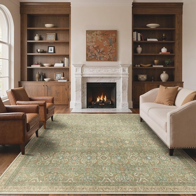 BESBLEE 4X6 Area Rugs Machine Washable Rugs for Living Room, Vintage Boho Large Rugs for Bedroom Dining Room, Non Slip Indoor Soft Distressed Lightweight Thin Low Pile Carpet, Deep Green