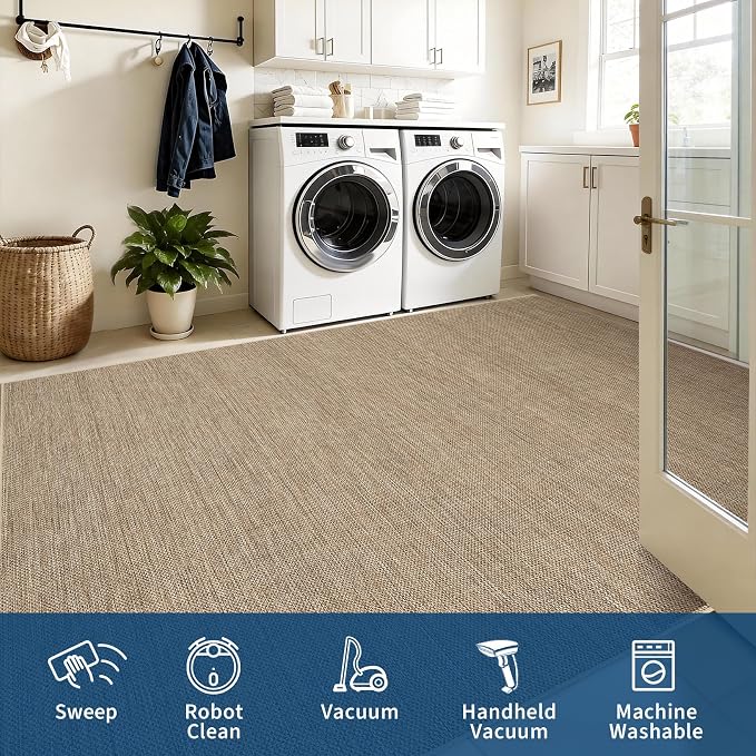 GarveeHome 2x6 Runner Rug for Hallway Modern Solid Washable Kitchen Rugs | Non Slip Stain Resistant Modern Bordered Bedroom Throw Carpet Indoor Outdoor Low Pile Area Rugs for Porch Kitchen, Jute
