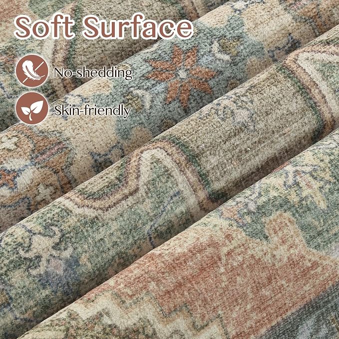 Tortania Area Rug Living Room Rugs - 3x5 Washable Rug Vintage Oriental Distressed Farmhouse Small Thin Indoor Carpet for Living Room Bedroom Under Dining Table Home Office - Sage Terracotta