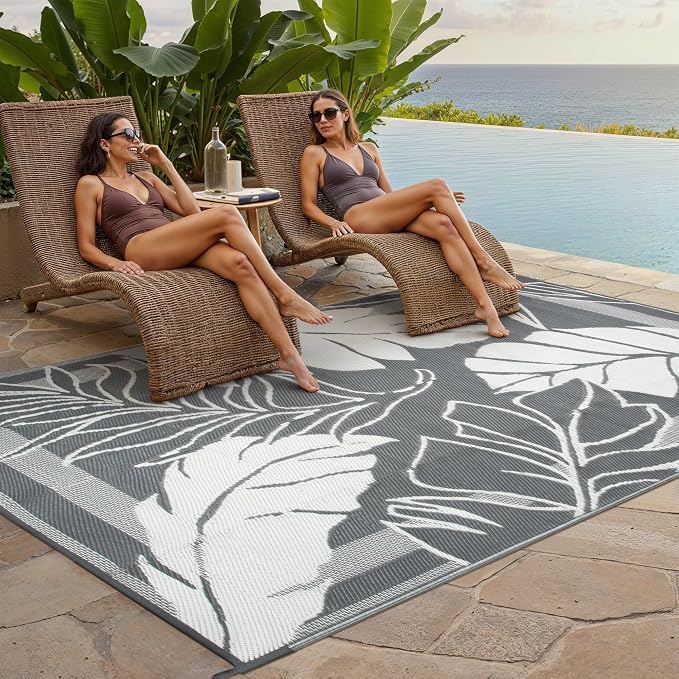 HUGEAR 6'x9' Outdoor Rug Waterproof Plastic Straw Rugs Grey Reversible Olive Leaf Mat Floor Carpet for Camping RV Deck Entryance Porch Picnic Balcony Beach Backyard
