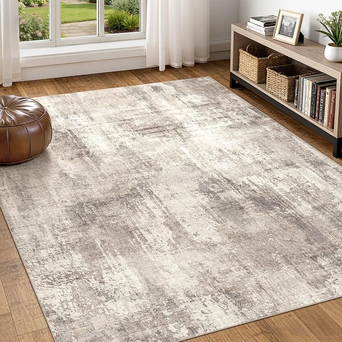 DMOYEST 6x9 Area Rug - Washable & Non Slip Indoor Rug for Living Room, Kid & Pet Friendly Abstract Low Pile Soft Carpet for Bedroom and Dining Room - Pale Brown