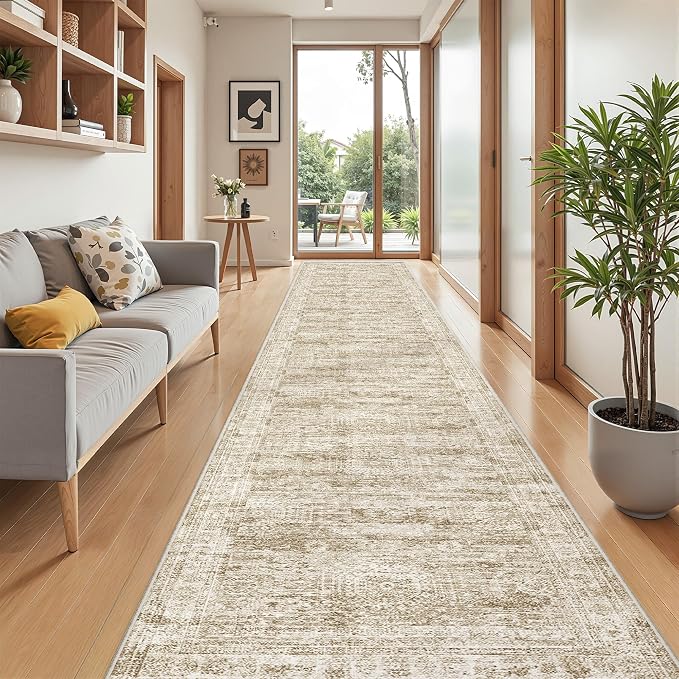 2'6 x 16' Runner Rug Non Slip,Washable Kitchen Rugs,Brown | 16ft Runner Rug for Hallway,Entryway,Bedroom,Living Room,Thin,Soft, Extra Long Rug,Stain Resistant Indoor Carpet