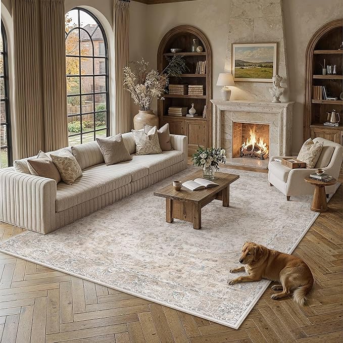 HUGEAR Beige Area Rugs 8x10 Washable Rug Indoor Carpet | Living Room Rug,Vintage Rug,Bedroom,Dining Room,Office,Farmhouse,Non-Shedding,Non Slip,Low Pile,Soft
