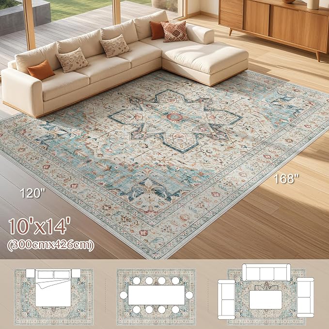 Tortania Area Rug Living Room Rugs - 10x14 Washable Boho Rug Vintage Oriental Distressed Farmhouse Large Thin Indoor Carpet for Living Room Bedroom Under Dining Table Home Office - Aqua Multi