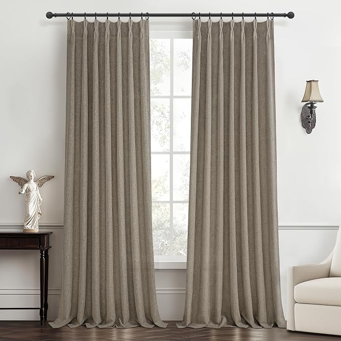 Pinch Pleated Farmhouse Burlap 90 Inch Curtains for Bedroom 2 Panels Set, Natural Linen Blend Country Semi Sheer Light Filtering Drapes with Back Tab Dining Room Burg 40x90 Inches Long Windows Curtain