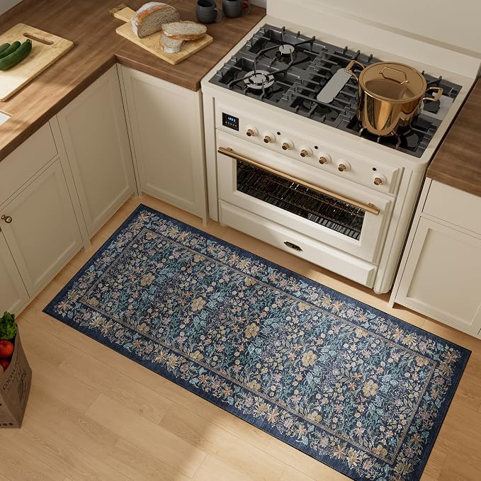 DUKINO 2x5 Rug Runner, Washable Vintage Floral Bathroom Rugs, Dark Blue | Non Slip, Low Pile, Stain Resistant, Lightweight Soft Carpet Runner for Laundry Room Kitchen Hallway Bedroom, Non-Shedding