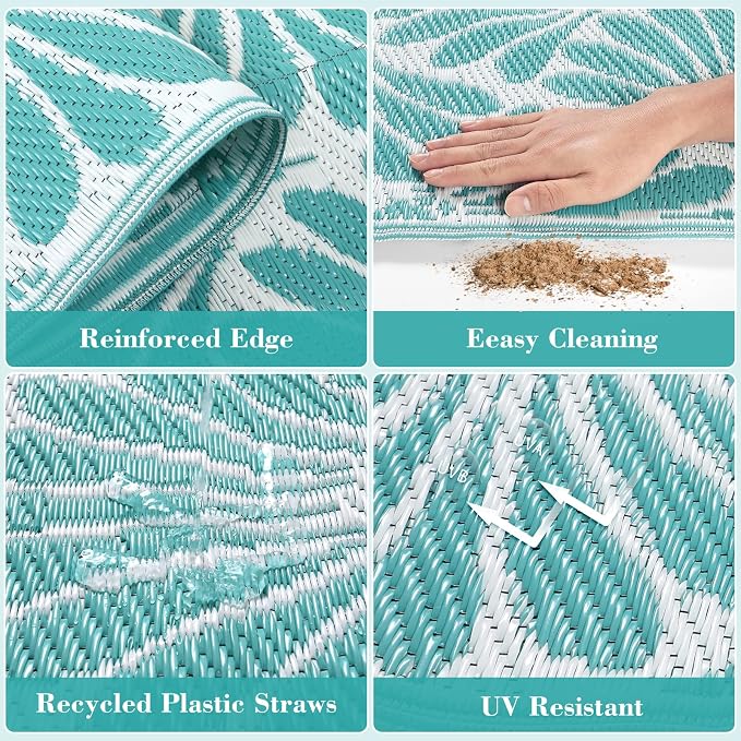 Lahome Outdoor Rugs for Picnic Camping 6x9, Blue Plastic Straw Reversible Rv Beach Rug, Waterproof Lightweight Outdoor Carpet for Pool Beach Balcony Tent Patio Deck, Teal 6'x9'