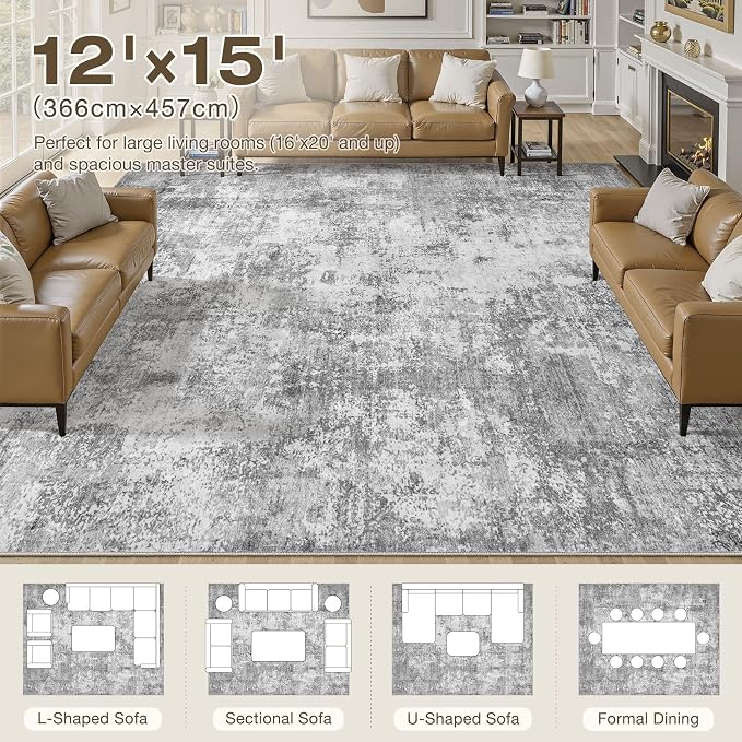 12x15 Area Rugs for Living Room, 12x15 Rug Washable High-Low Pile | Neutral Modern Abstract Carpet, Non Slip Lightweight Soft Made for Dining Room, Home Office Indoor Decor - Gray